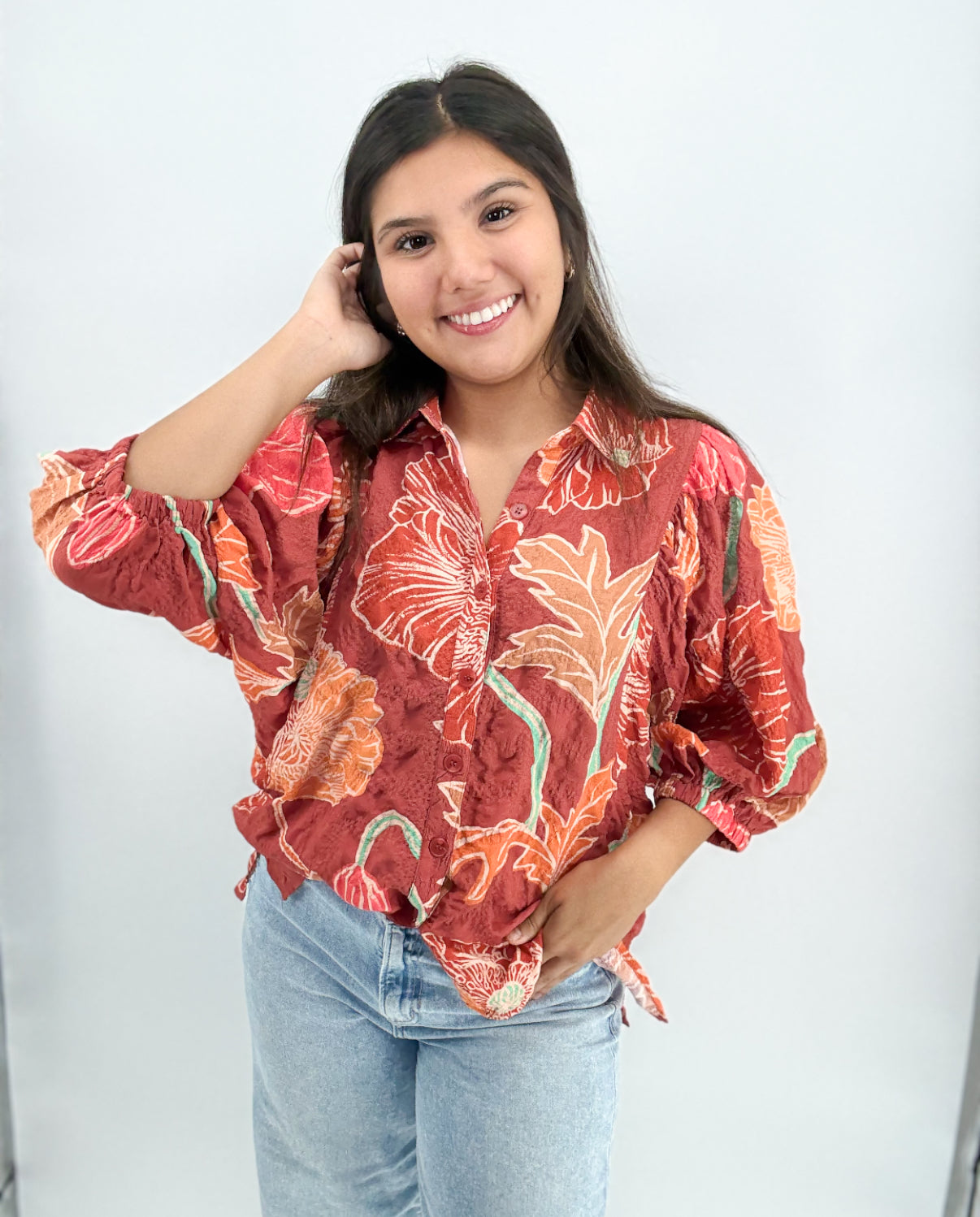 Tops | Crinkled Floral Print Blouse W Puffed Half Sleeves