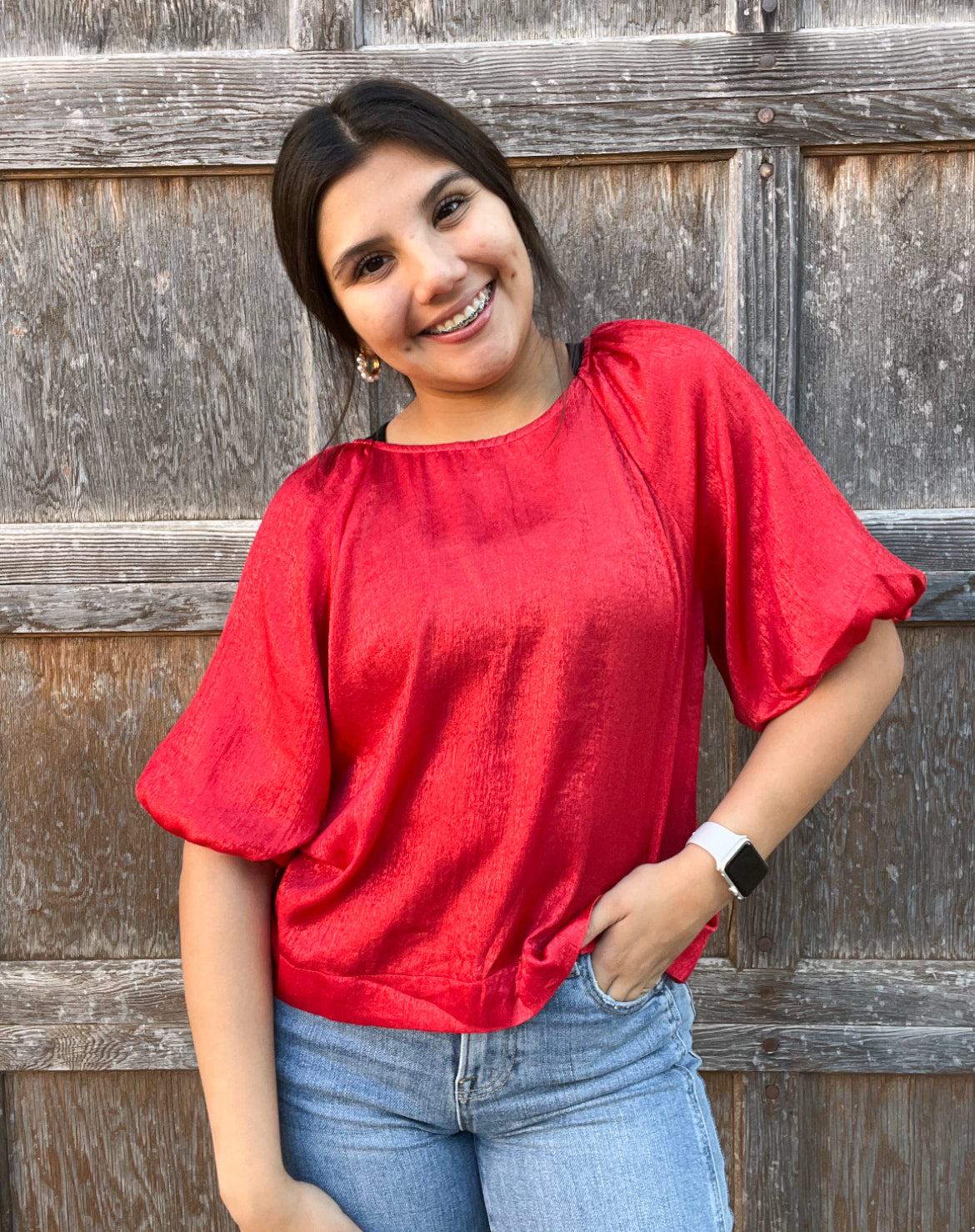 Top | Blouse Red around Neckline Puff Short Sleeve