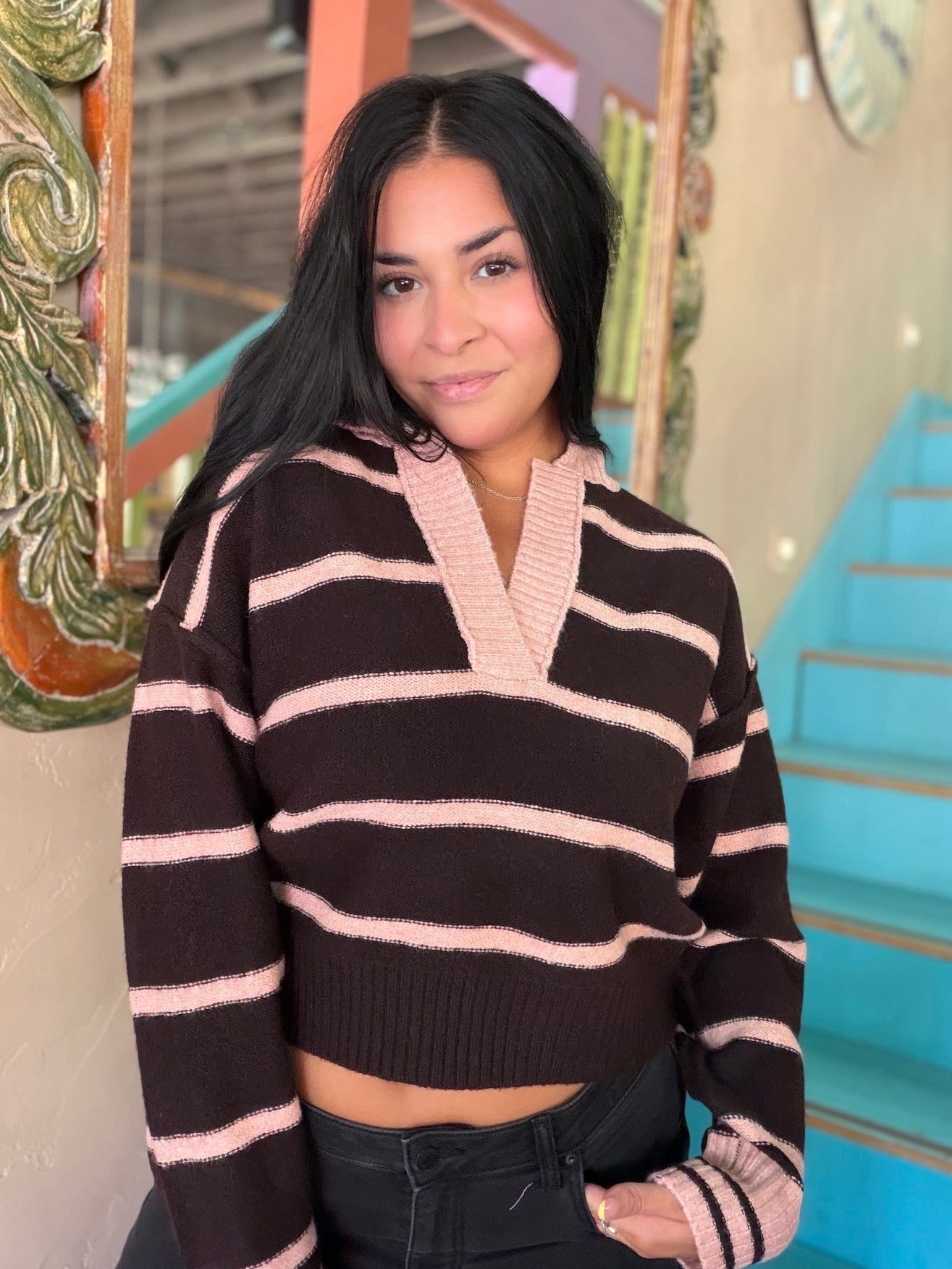 Sweater - Pink Stripe Collared Knit