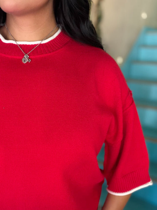 Sweater - Red & White Contrast Trim