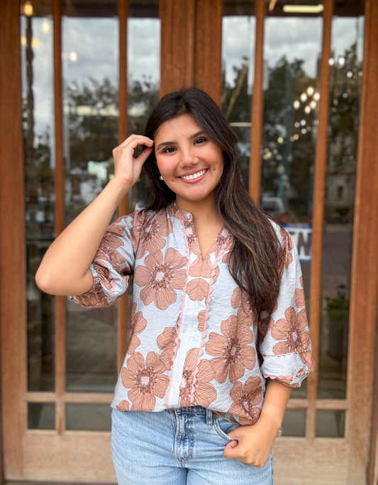 Tops | Blouse Light Blue Multi Floral Printed 3/4 Sleeve