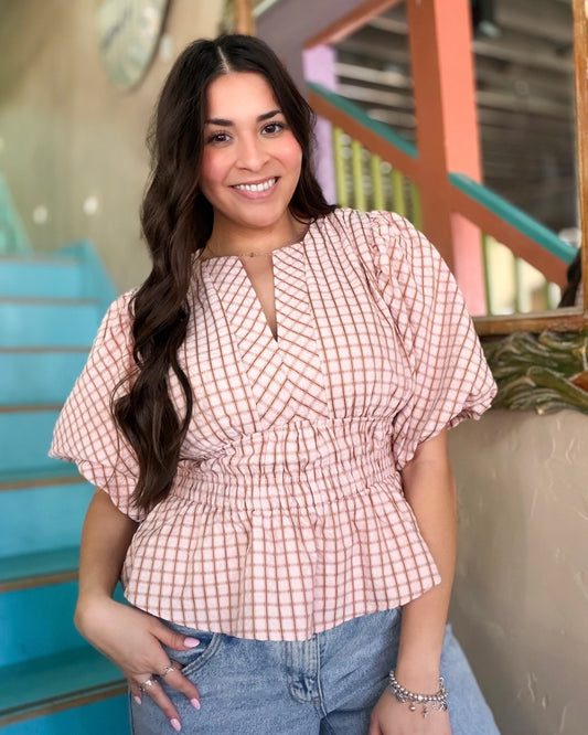 Blush Checkered Puff Sleeve Blouse
