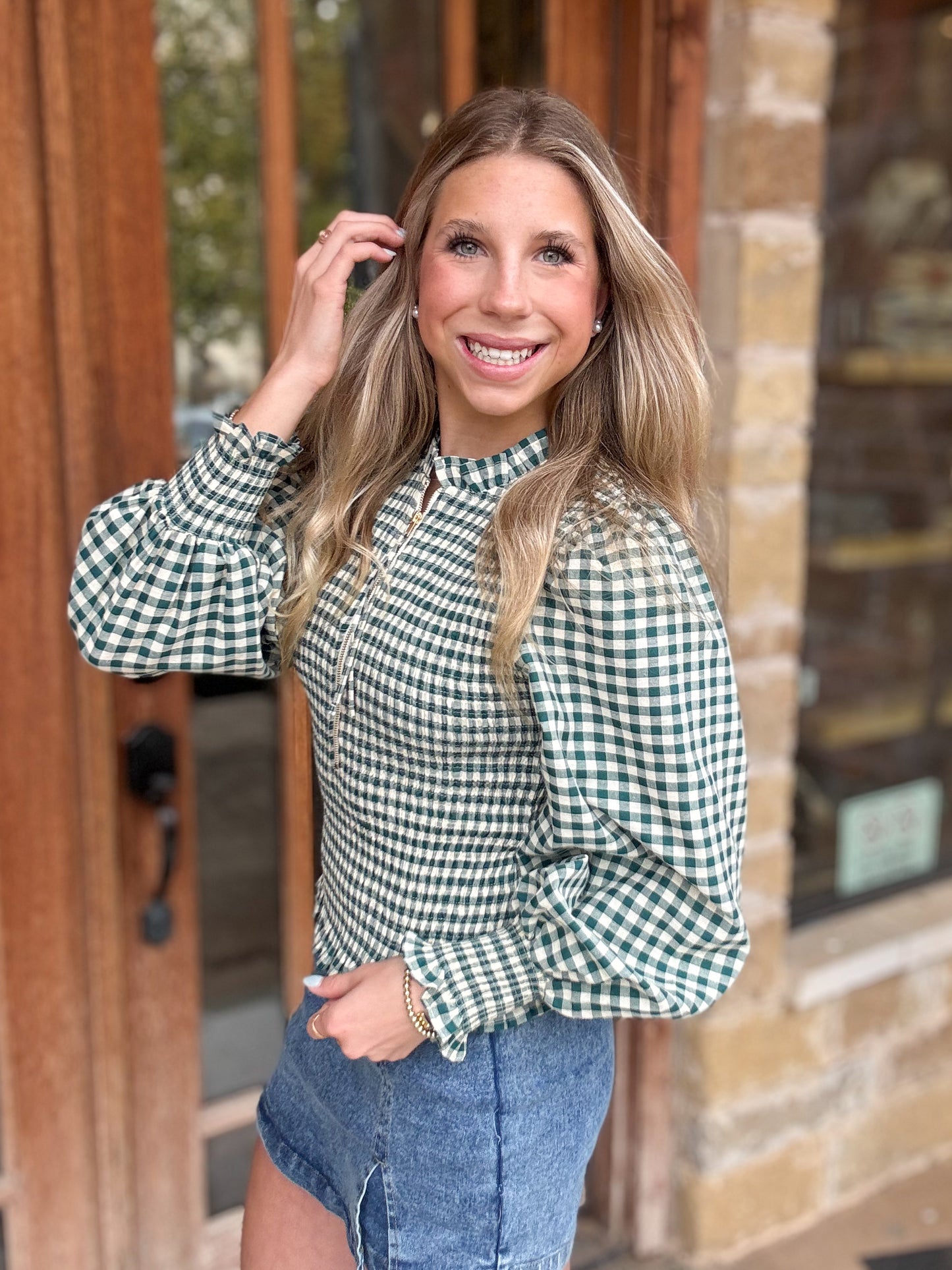 Tops | Blouse Hunter Green Checkered Long Sleeve