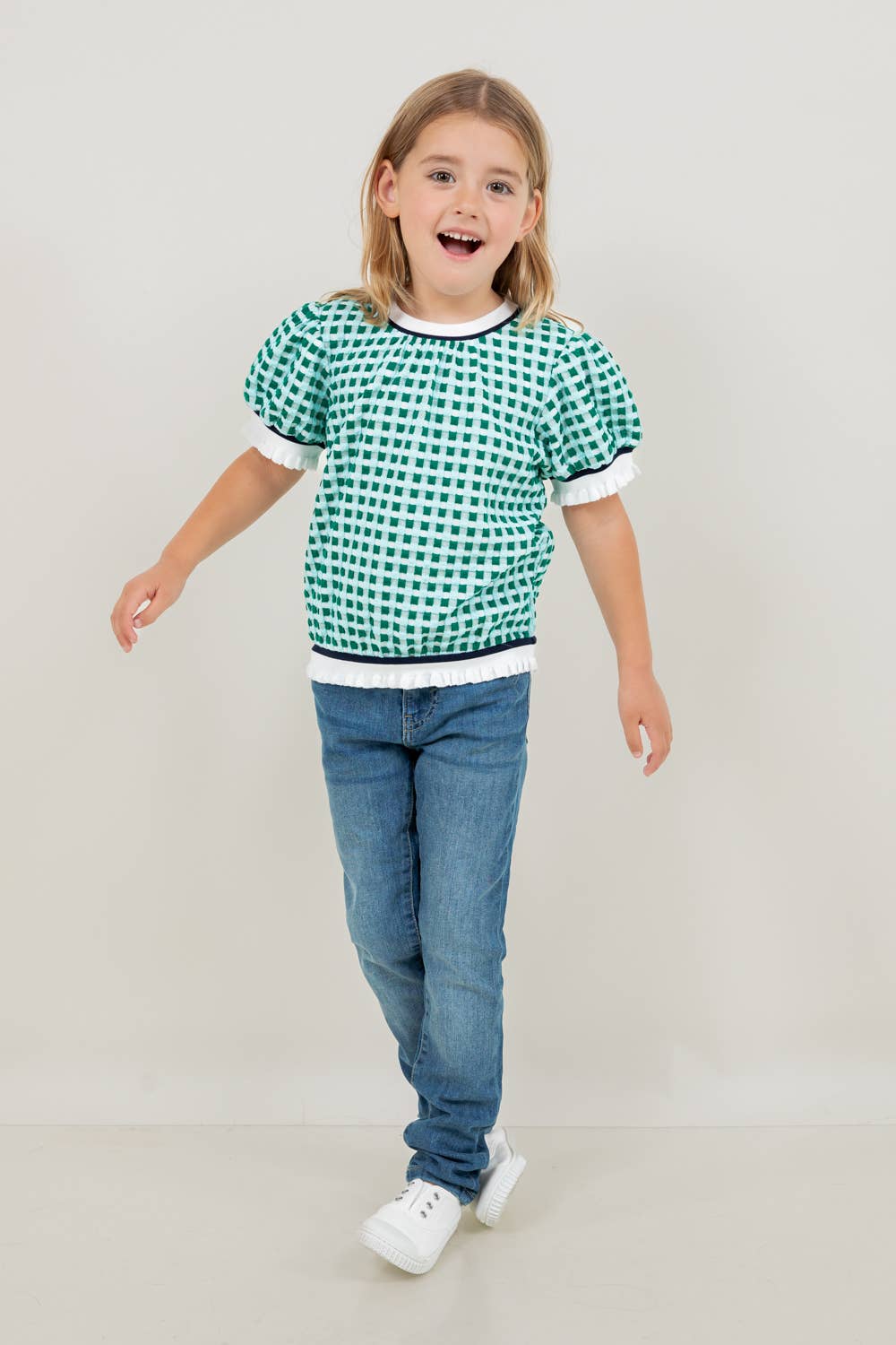 Girls | Blouse Puff Sleeve Green Checkered Print With White Trim on Neck, Sleeves & Waist