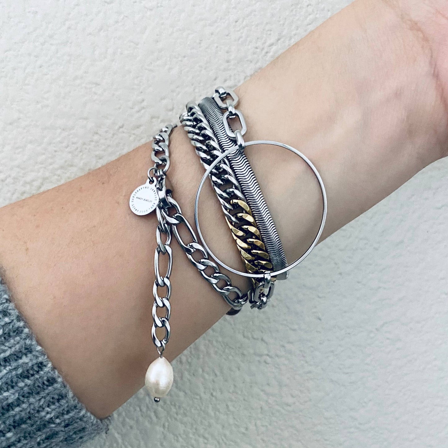 Bracelet - Silver Figaro Pearl Chain Link