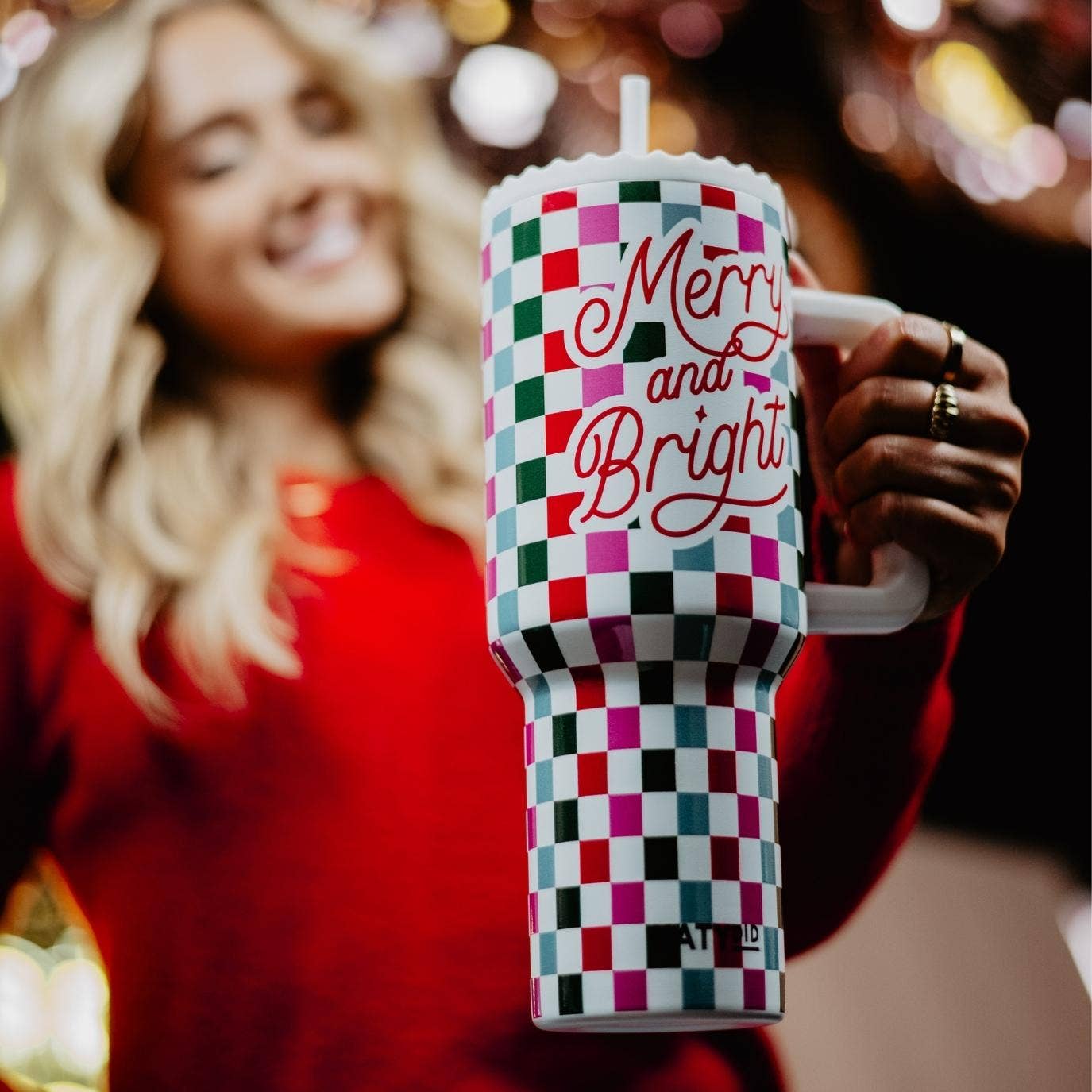Tumbler | Merry & Bright Checkered Christmas Cup w/ Handle