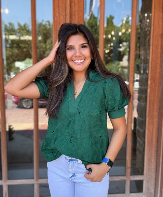 Tops | Blouse Green Eyelet V-Neck