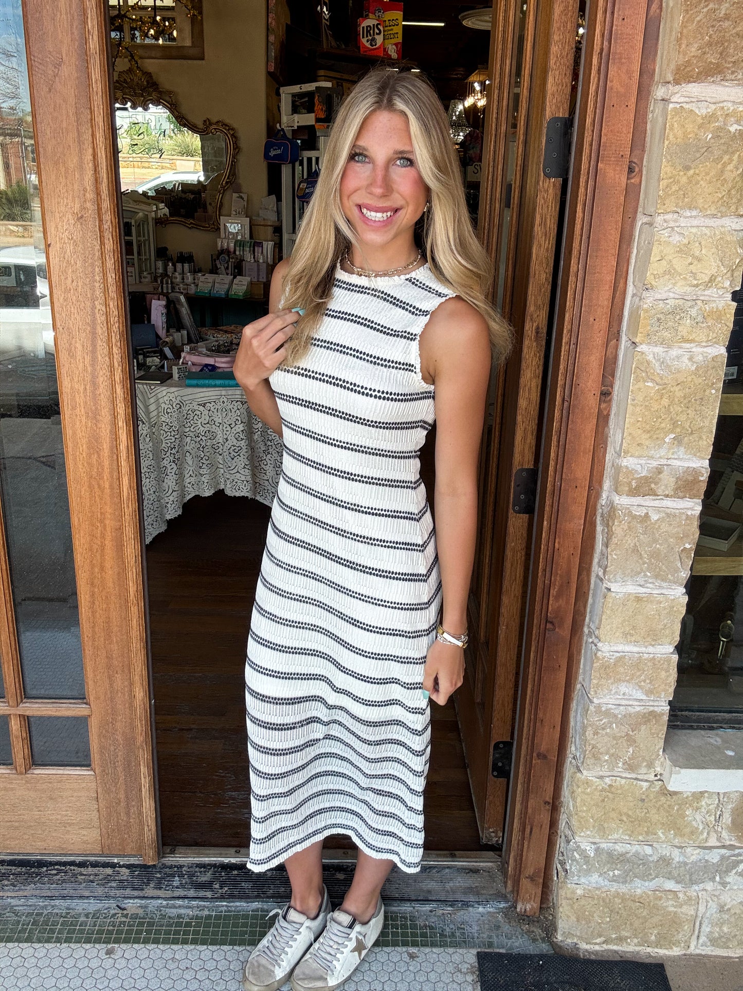 Ivory Stripe Lace Midi Dress