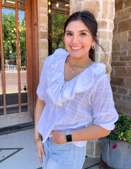 Tops | Blouse Ruffle Collar V-Neck Tie W/Lace Edge 3/4 Sleeves Light Pink or White Windowpane Design