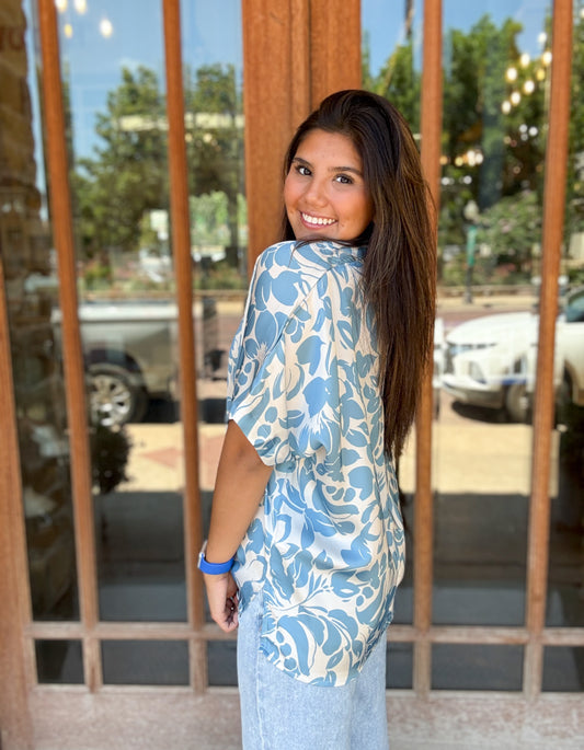 Tops | Blouse Blue Floral Print Collared Short-Sleeve Satin Button Front