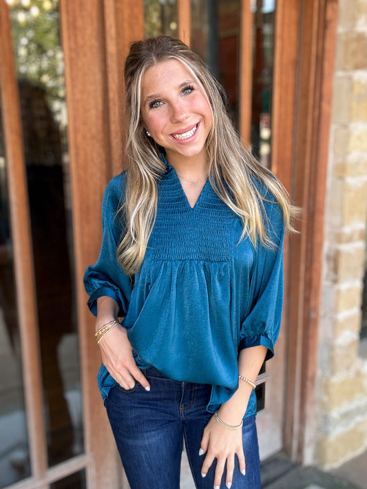 Tops | Blouse Teal Blue Satin V-Neck Smocked