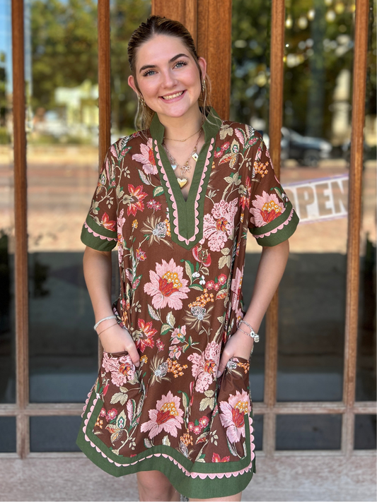 Dress | Brown Floral with Pink Scallop Trim