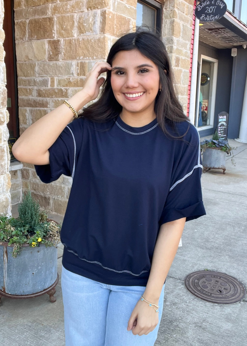 Top | Navy Cuffed Sleeve Tee