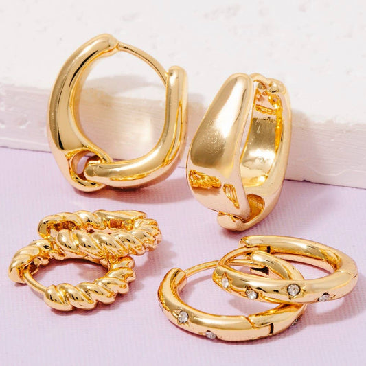 3 Pair Hinge Hoop Earrings Set
