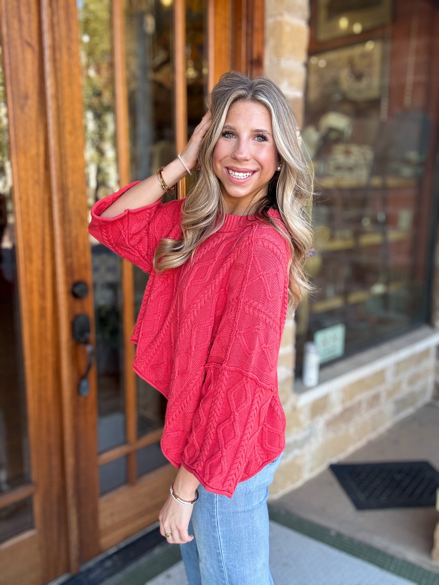 Tops | Sweater Knit Cable Cotton 3/4 Sleeve Dusty Red