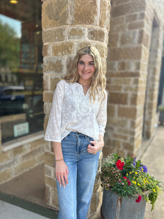 White Embroidered Lace V-Neck Loose Top