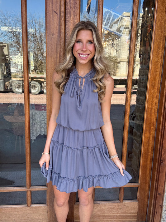 Slate Tie-Neck Tiered Dress