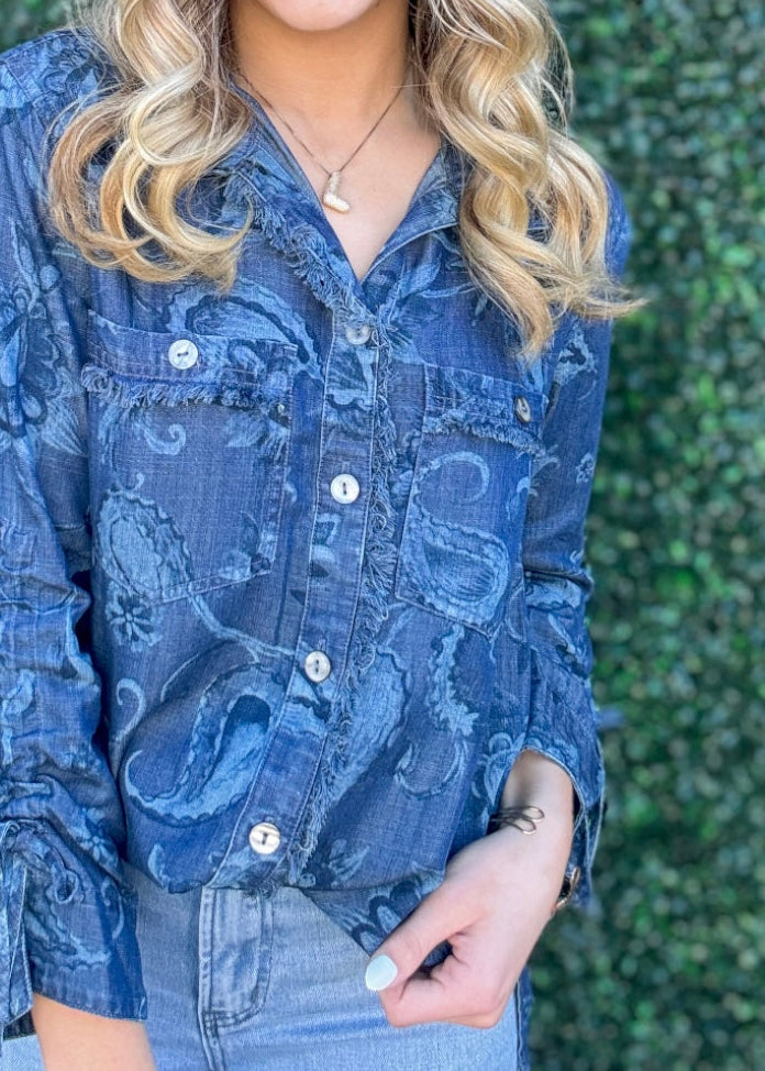 Top | John Mark Blouse Blue Printed Button Front W/Cinch Tie Sleeves