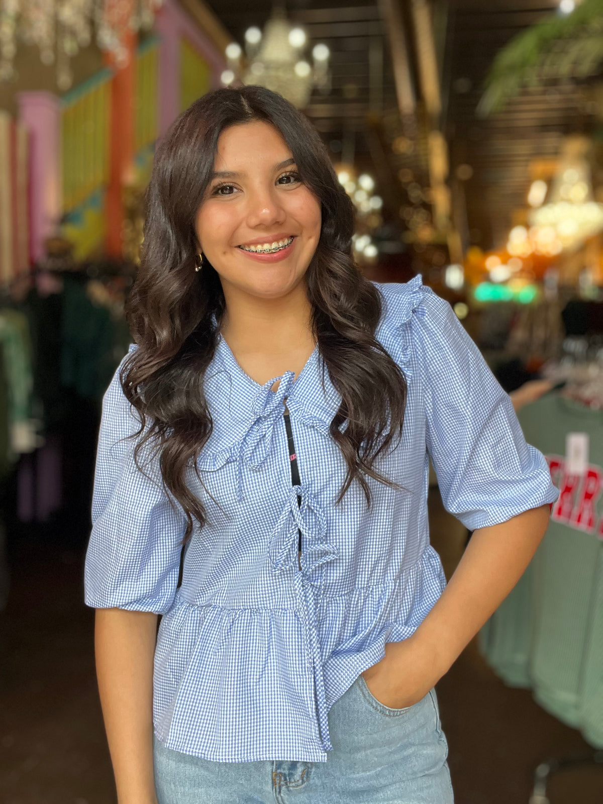 Top | Blouse Tie Front Blue Gingham Oversized Frilled Collar