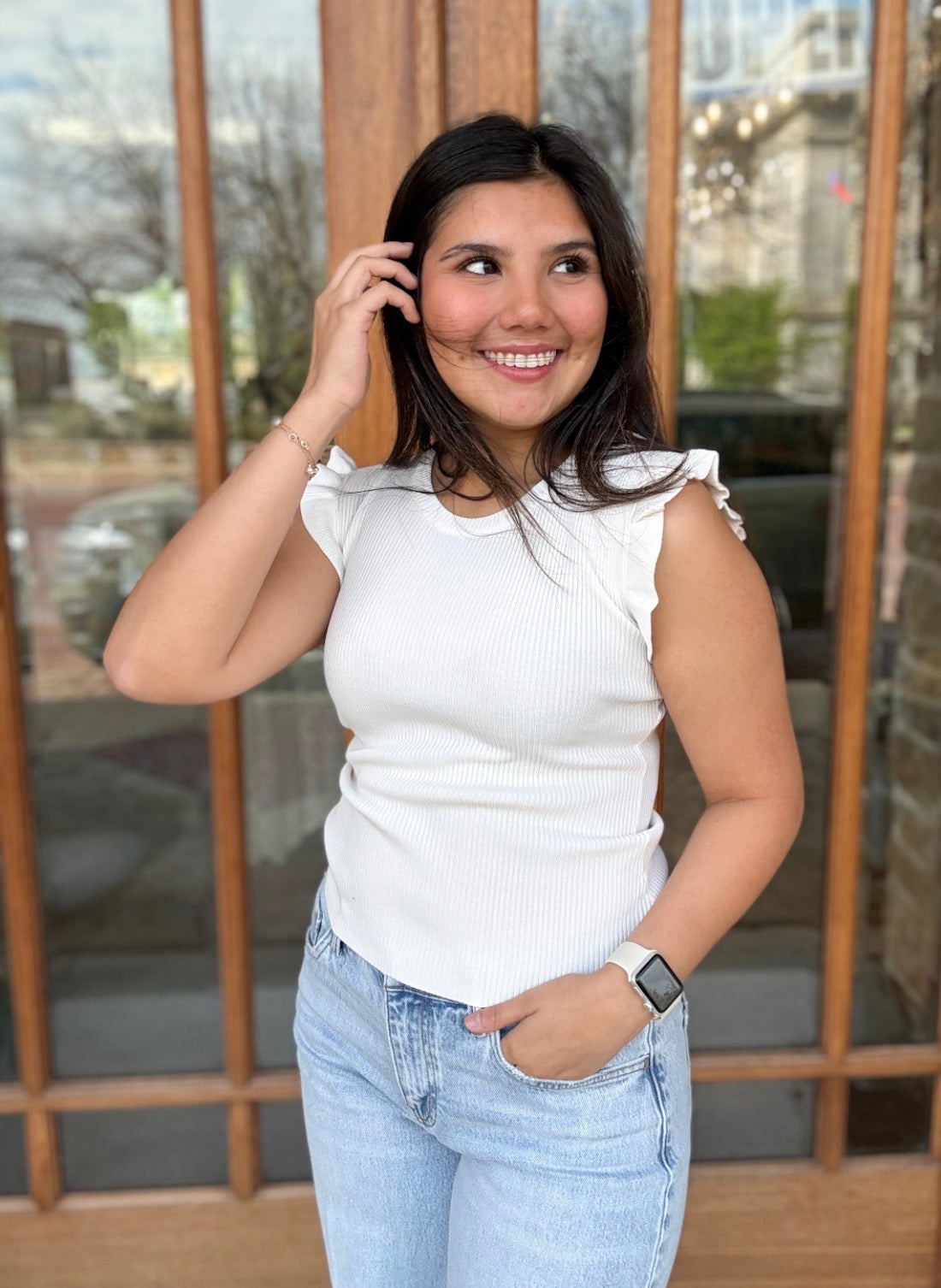 Top - White Ruffle Sleeveless Sweater Knit