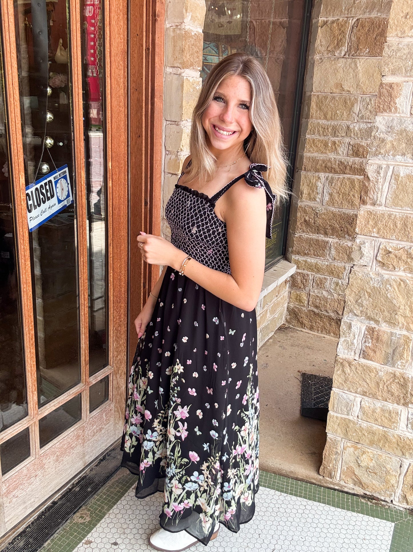 Black Multi Print Smocked Midi Dress