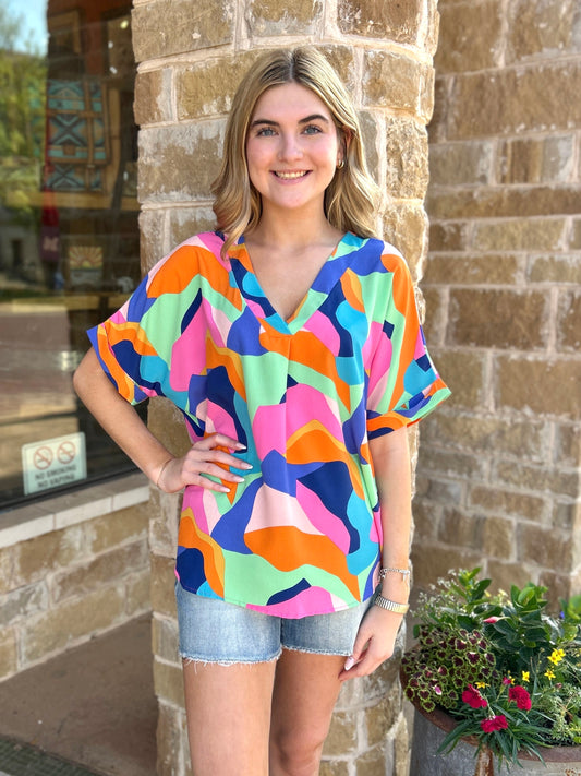 Multi V-Neck Short Roll-Up Sleeve Geo Woven Blouse