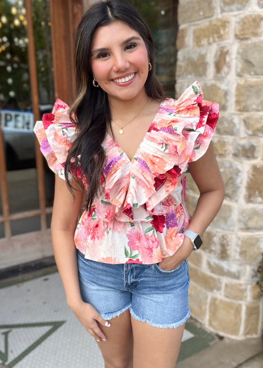 BuddyLove Nia Mad Hat Blouse V Neck Ruffled Short Sleeve