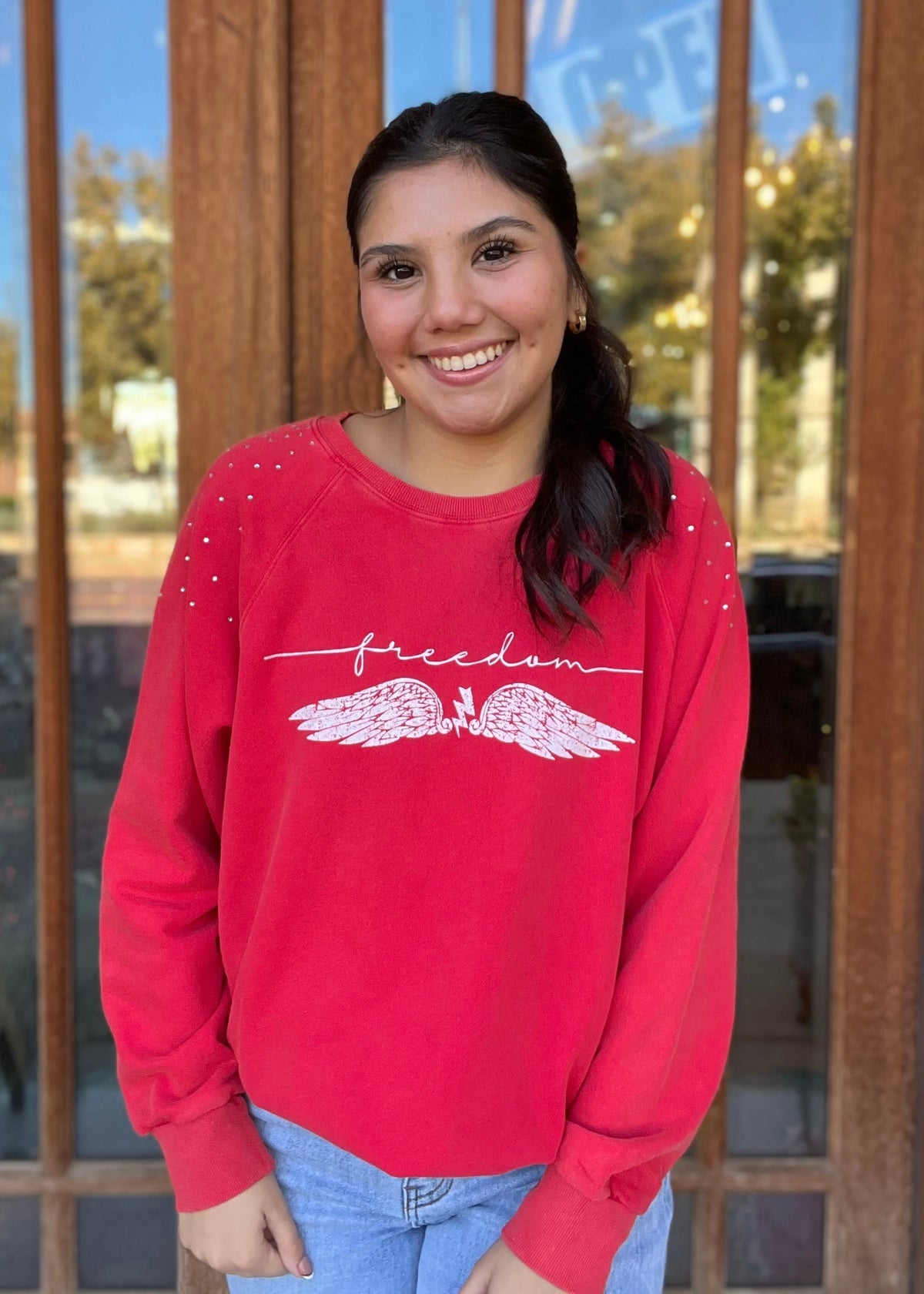 Top | Red Washed Rhinestone Studded Freedom Sweatshirt