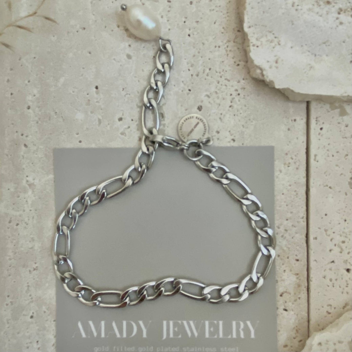 Bracelet - Silver Figaro Pearl Chain Link
