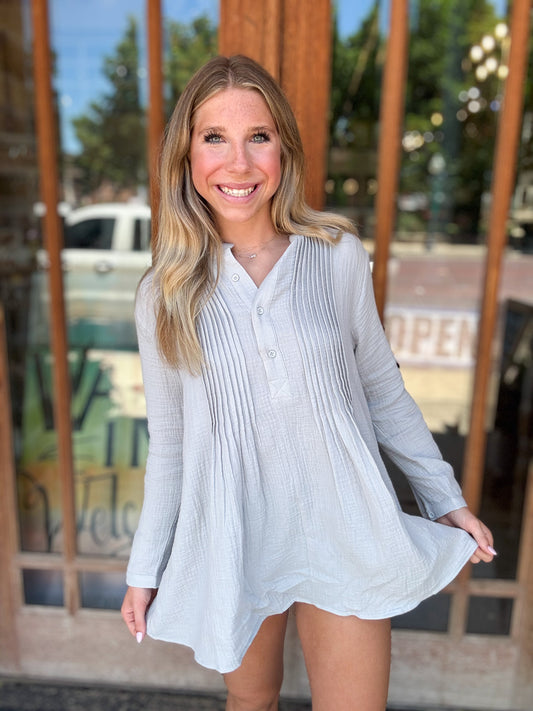 Tops | Blouse Grey Long Sleeve with Pleated Front Detail