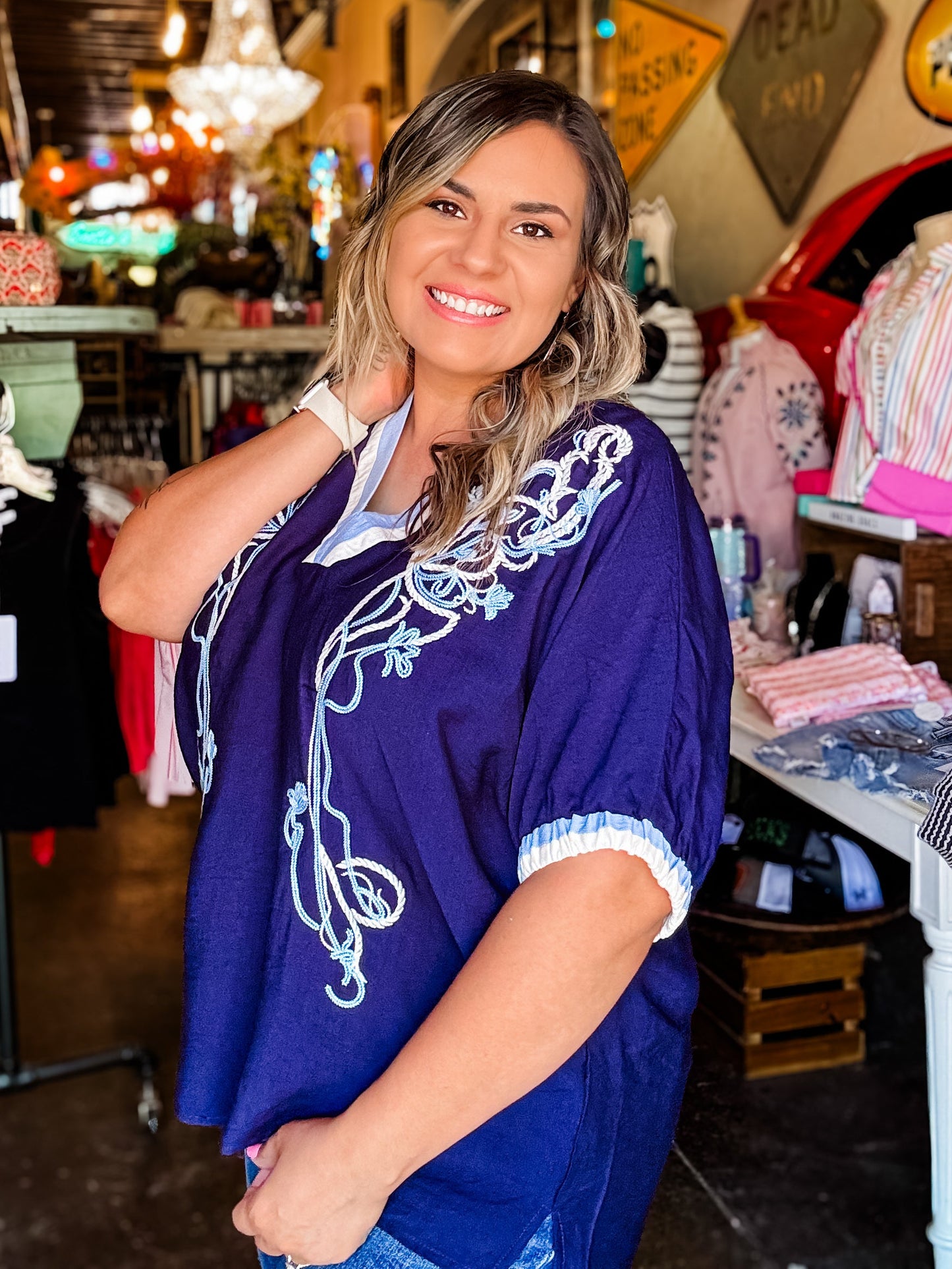 Umgee Blouse - Navy Embroidered V-Neck