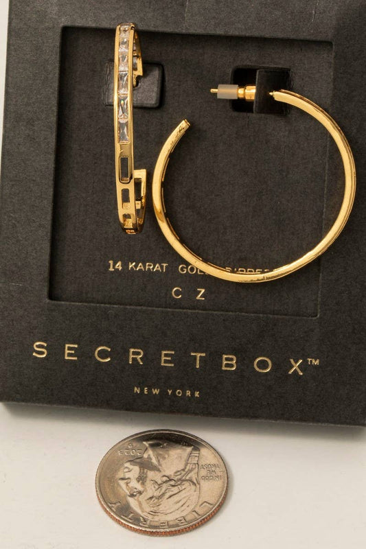 Secret Box Gold Dipped Cz Baguette Pave Hoop Earrings