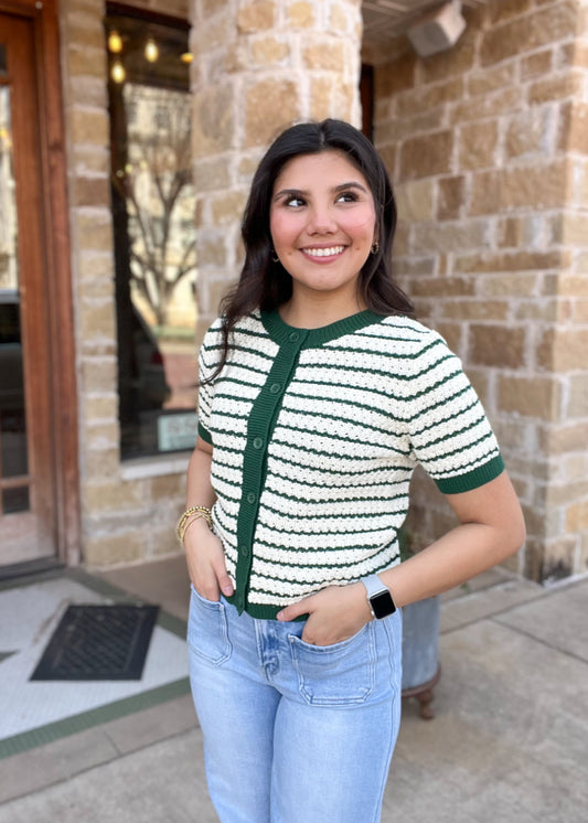 Top | Dark Green Striped Knit Sweater Vest W Buttons