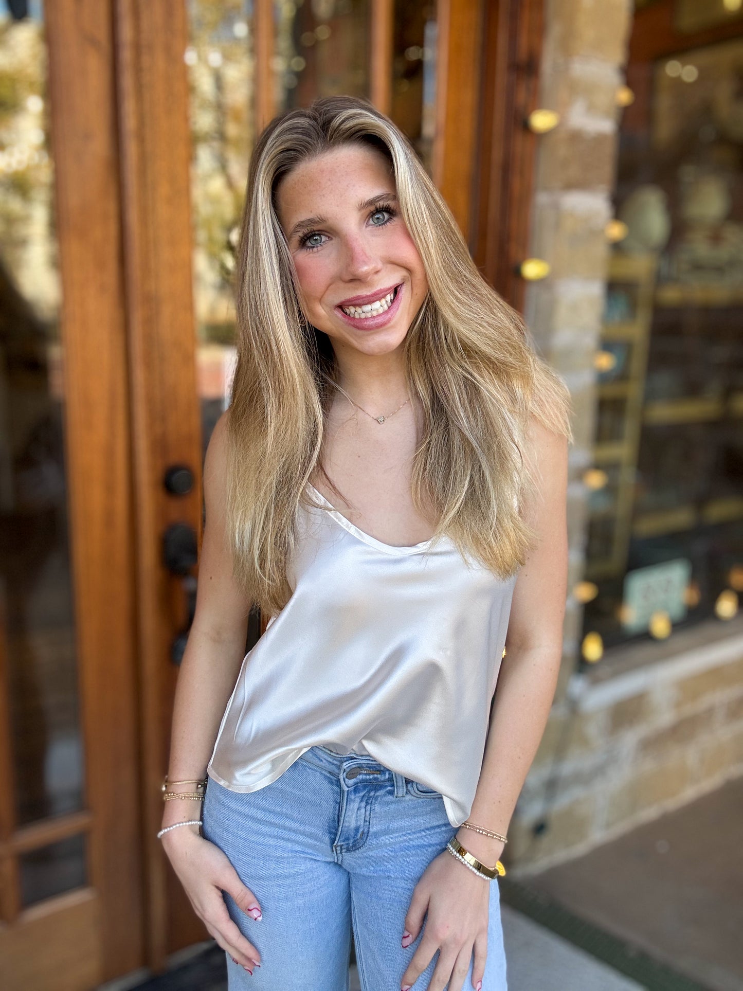 Cami Cream Satin V-Neck