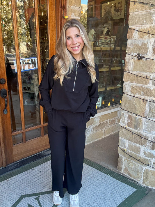 Sets | Black Pullover & Pants Ribbed High Neck Half Zip