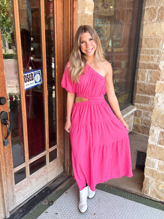 THML Pink One Shoulder Tired Maxi Dress