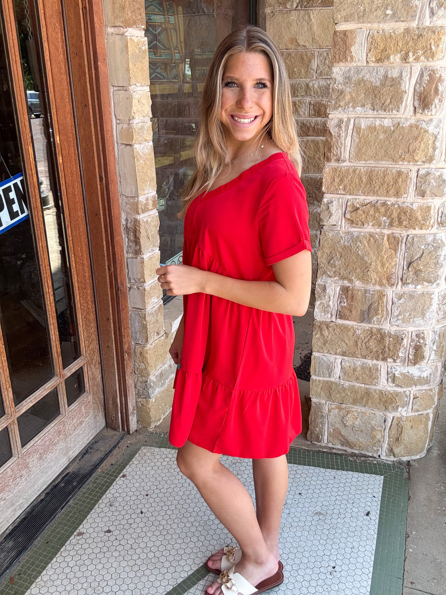 Dresses | Mini Red Woven Swing Dress V-Neck Loose Tired Skirt Short Sleeves