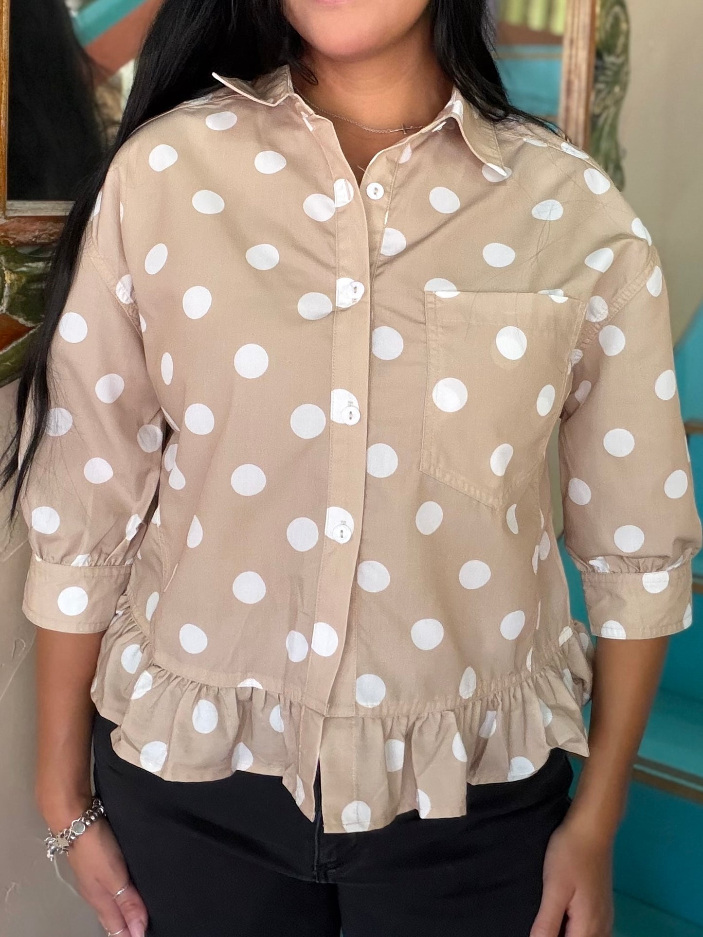 Blouse - Latte Polka Dot Ruffle