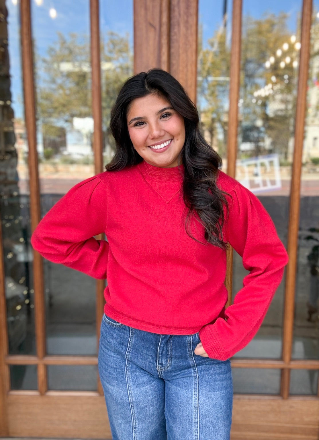 Red Mock Neck Puff Sweater