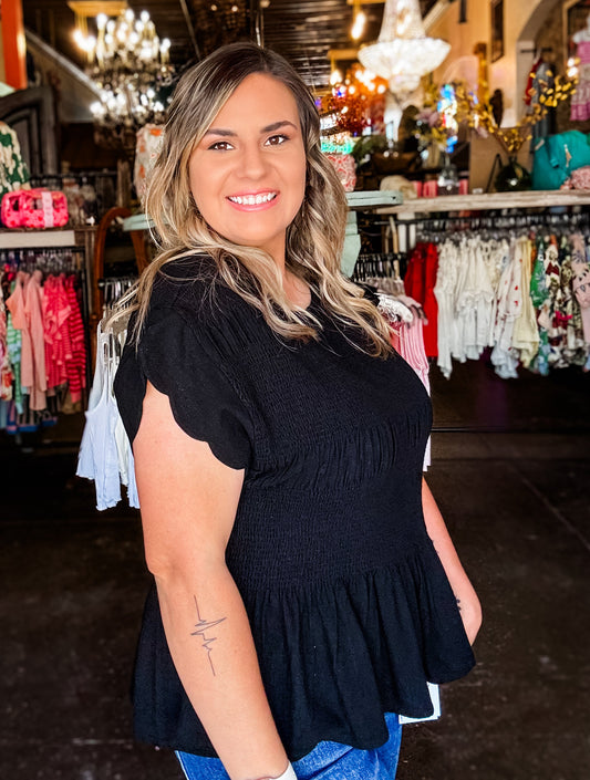 Umgee Blouse - Black Smocked Peplum