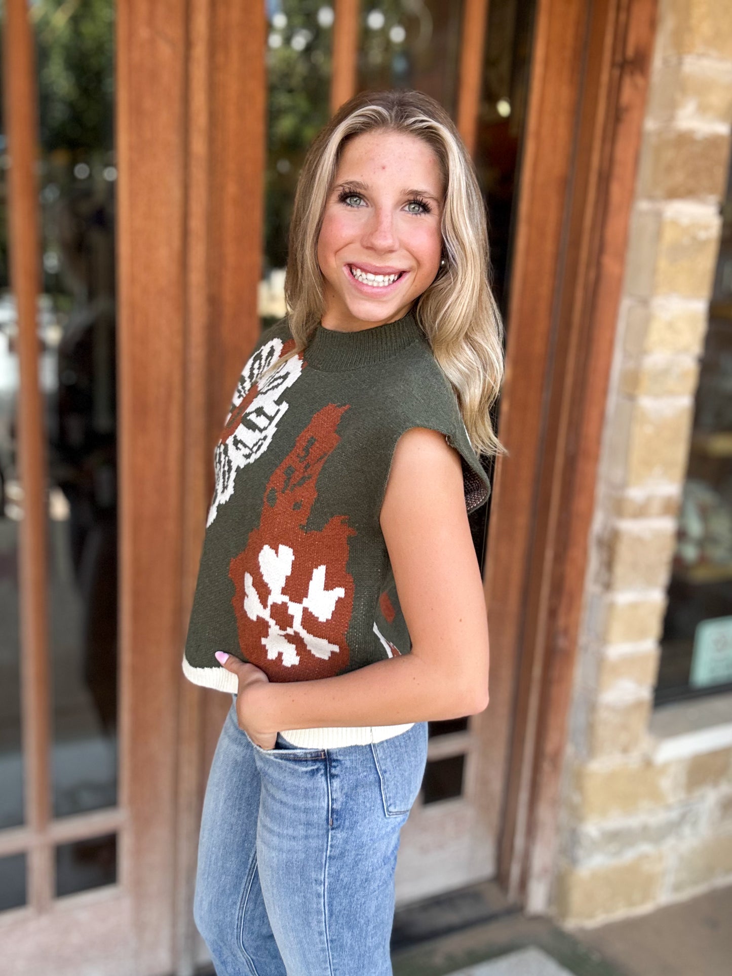 Tops | Sweater Olive Floral with Cream Hem