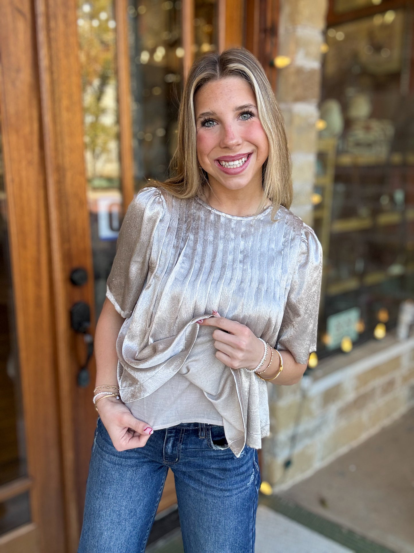 Tops | Blouse Silver Metallic Pleated Detail Round Neck