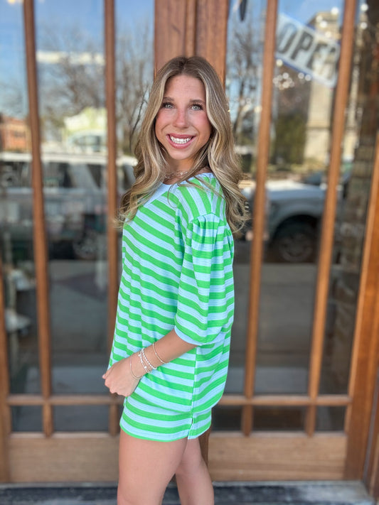 Green Stripe Puff Sleeve Short Set
