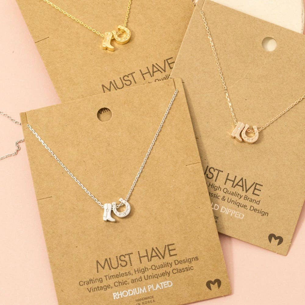 Gold Dipped Cowboy Boots Horse Shoe Charm Necklace