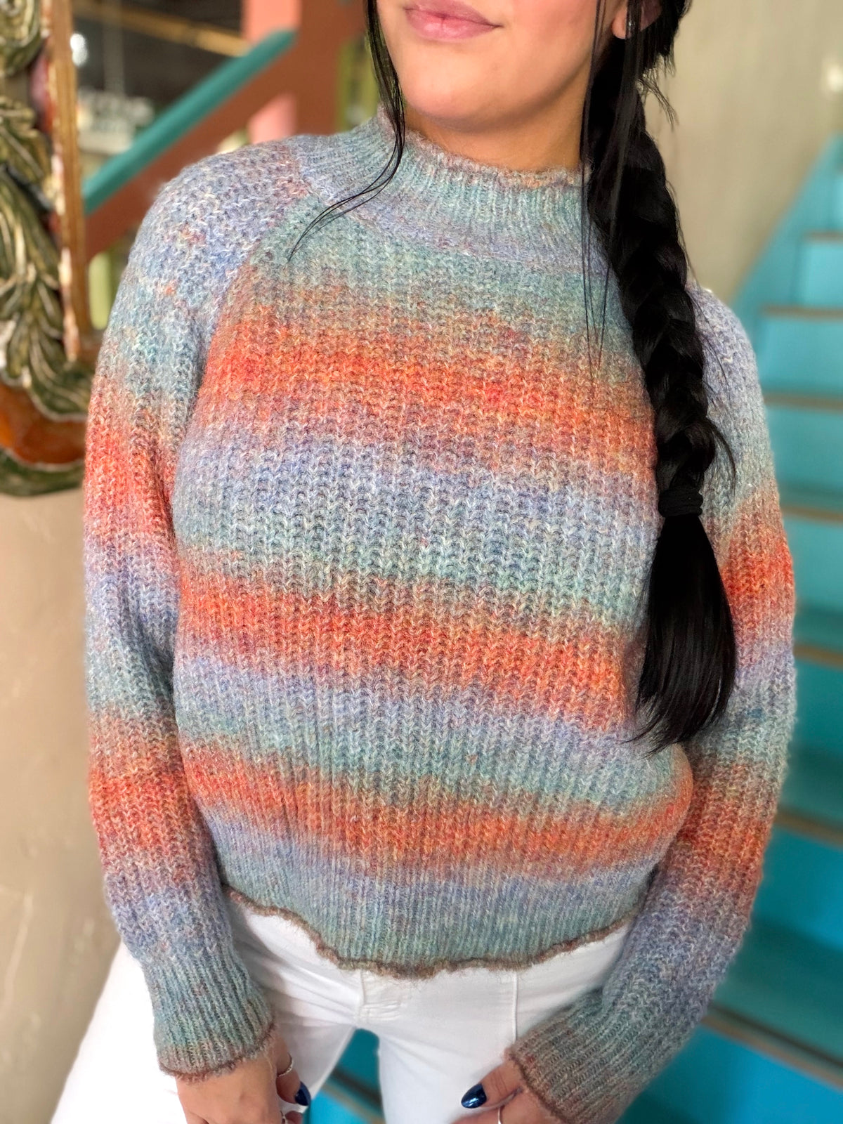 Sweater - Orange Teal Striped Knit