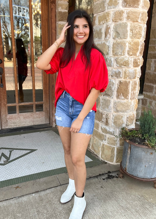 Top | Jodifl Red Puff Sleeve V Neck Top