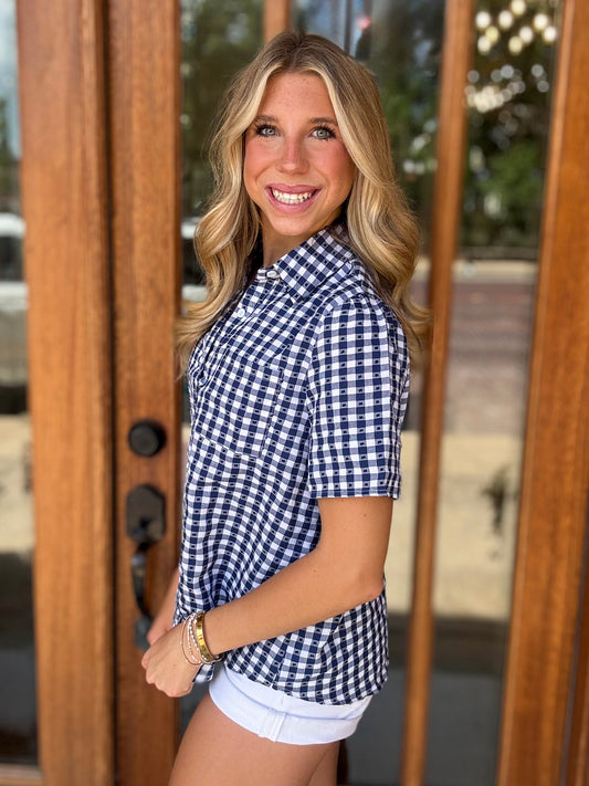 Blouse - Blue Gingham Button Down