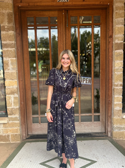 Dress | Midi Navy Paisley Print Button Front Contrast Piping in Top