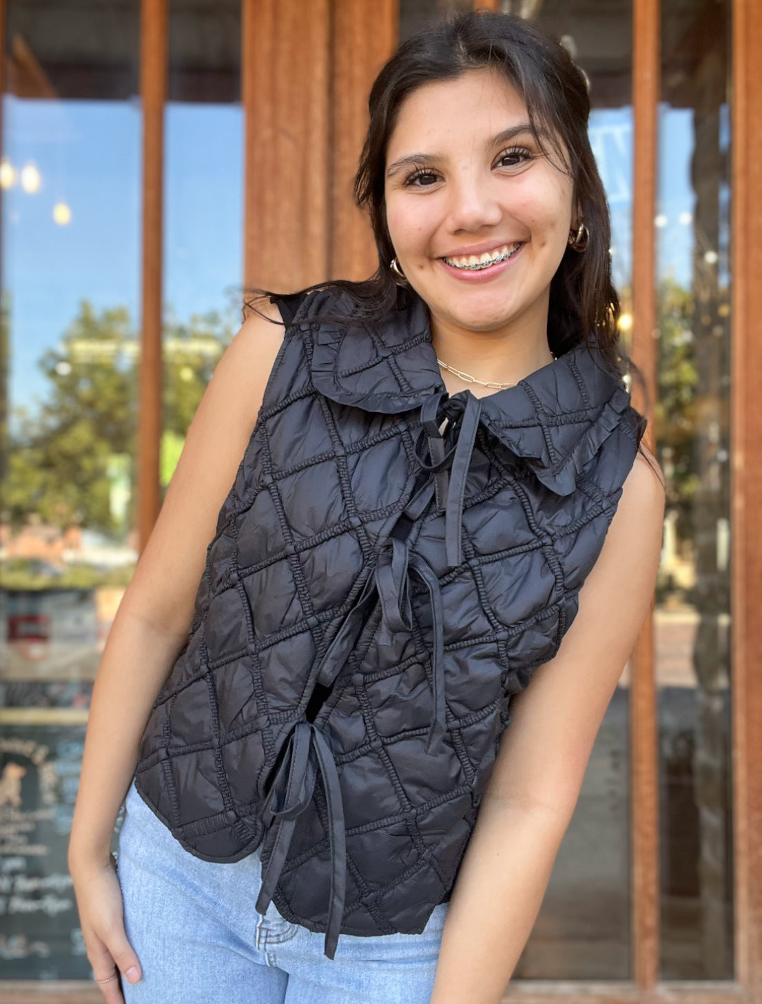 Top | Black Ruffled Over-Sized Collar Quilted Vest