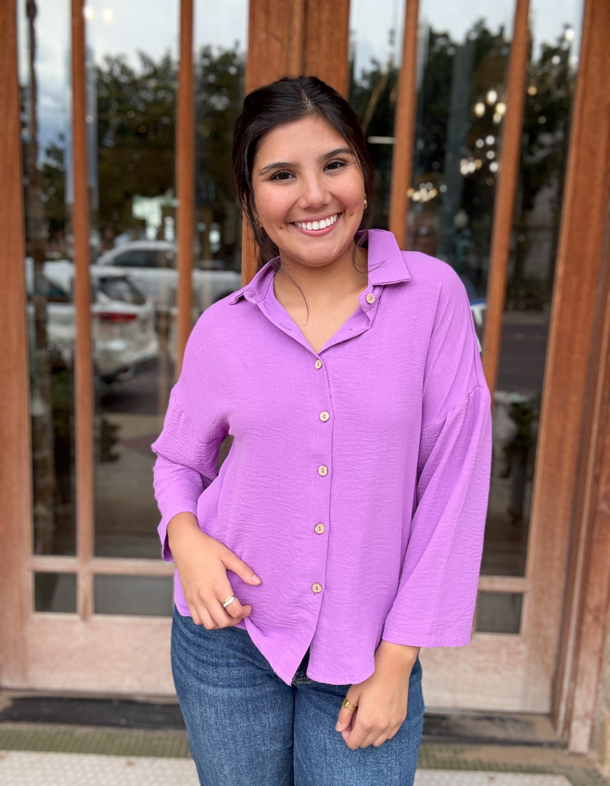 Tops | Purple Pleated Lapel Shirt Button Down